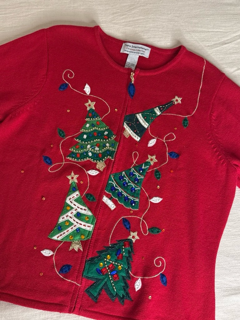 Vintage Red Holiday Zip-Front Sweater Cardigan with Embellished Christmas Trees